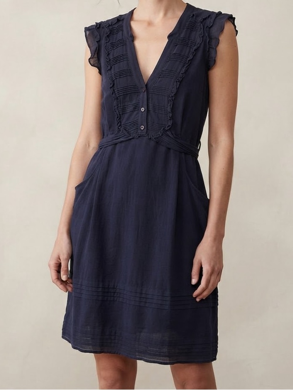 Odille Anthro Navy Blue Summer V-Neck Ruffle Sleeve Short Mini Dress Size 2 XS